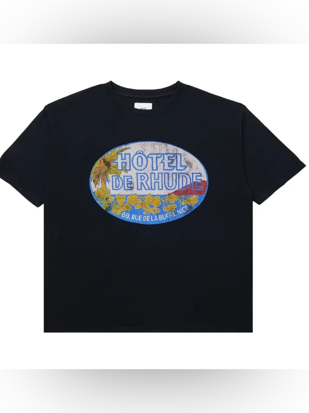 Rhude Black Tee with Blue, Yellow and Red Hôtel de Rhude Oval